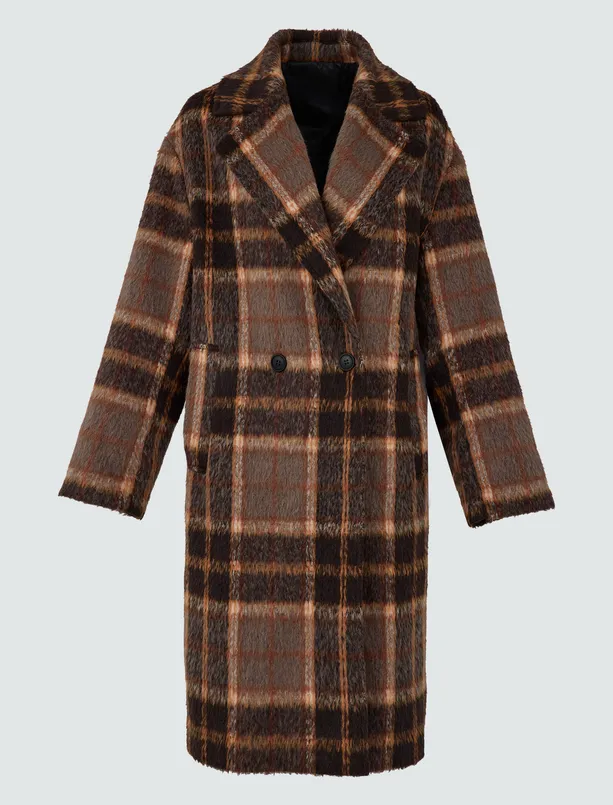 Bayan  Kruvaze Yaka Ekose Desenli Kaşe Kaban