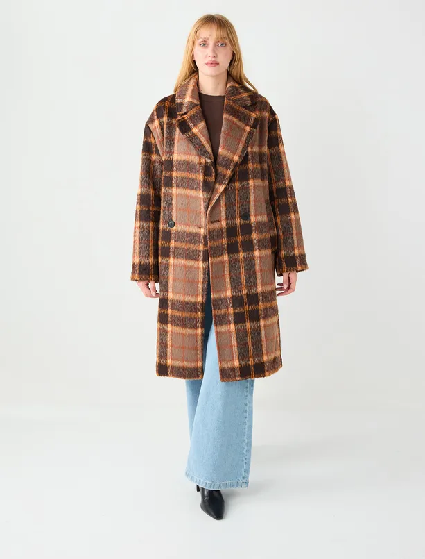Women Orange Double-breasted Collar Plaid Patterned Cashmere Coat