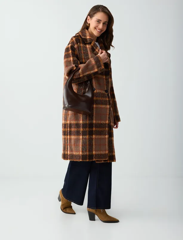 Women Orange Double-breasted Collar Plaid Patterned Cashmere Coat