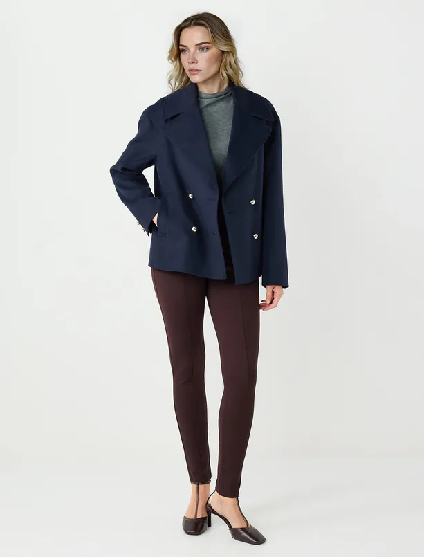 Bayan Lacivert Rahat Kesim Ceket Yaka Kaşe Kaban