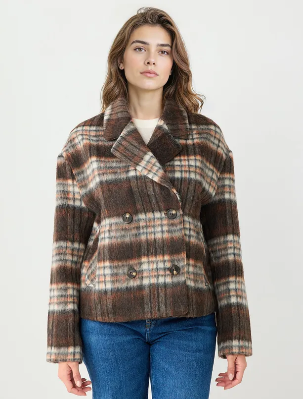 Bayan  Kruvaze Yaka Ekose Desenli Yün Karışımlı Kaşe Kaban