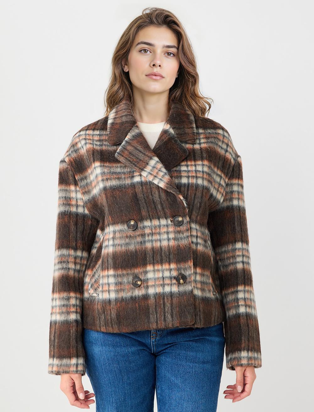 Kruvaze Yaka Ekose Desenli Yün Karışımlı Kaşe Kaban