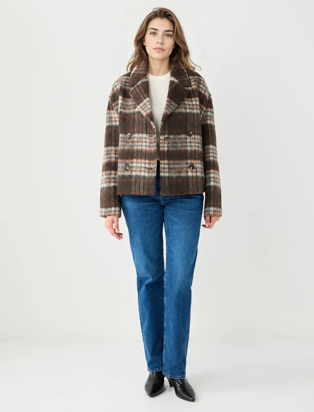 Bayan Turuncu Kruvaze Yaka Ekose Desenli Yün Karışımlı Kaşe Kaban