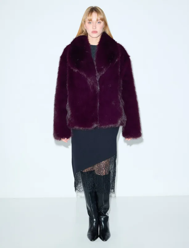 Bayan  Kruvaze Yaka Cep Detaylı Peluş Kaban