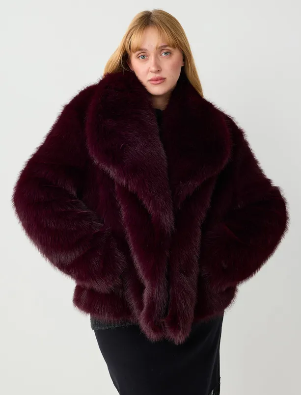 Bayan Bordo Kruvaze Yaka Cep Detaylı Peluş Kaban