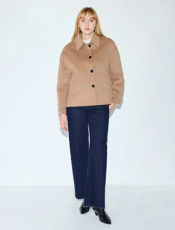 Bayan  Rahat Kesim Kruvaze Yaka Yün Karışımlı Kaşe Kaban