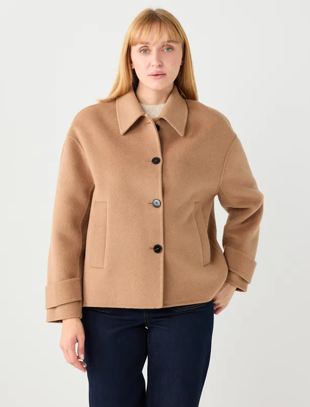 Bayan Deve Tüyü Rahat Kesim Kruvaze Yaka Yün Karışımlı Kaşe Kaban