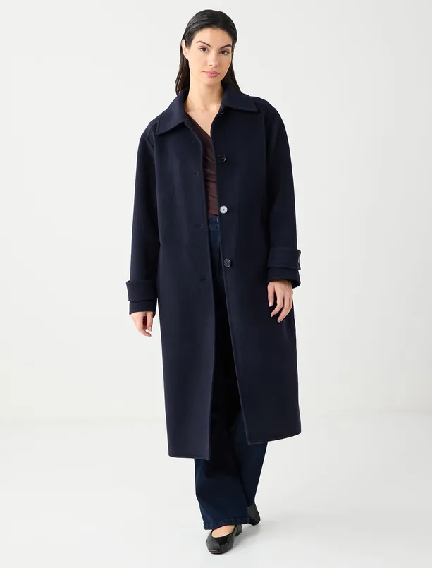 Bayan Lacivert Gömlek Yaka Yün Karışımlı Rahat Kesim Dokuma Kaban