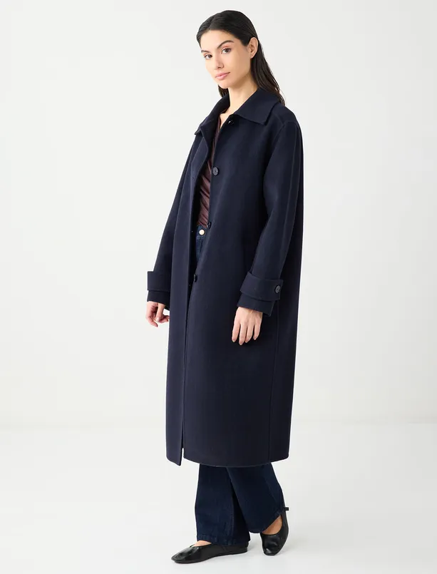 Bayan Lacivert Gömlek Yaka Yün Karışımlı Rahat Kesim Dokuma Kaban