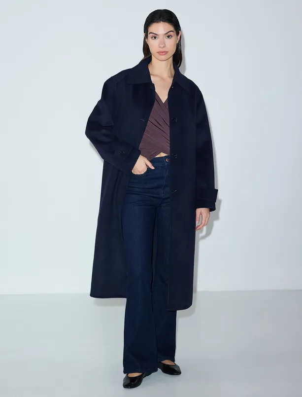 Bayan  Gömlek Yaka Yün Karışımlı Rahat Kesim Dokuma Kaban