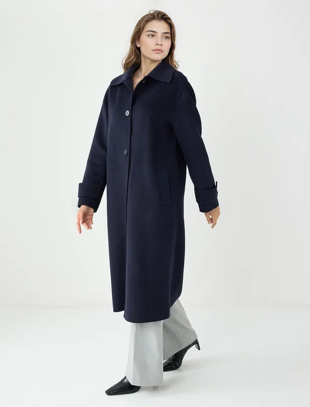 Bayan  Gömlek Yaka Yün Karışımlı Rahat Kesim Dokuma Kaban