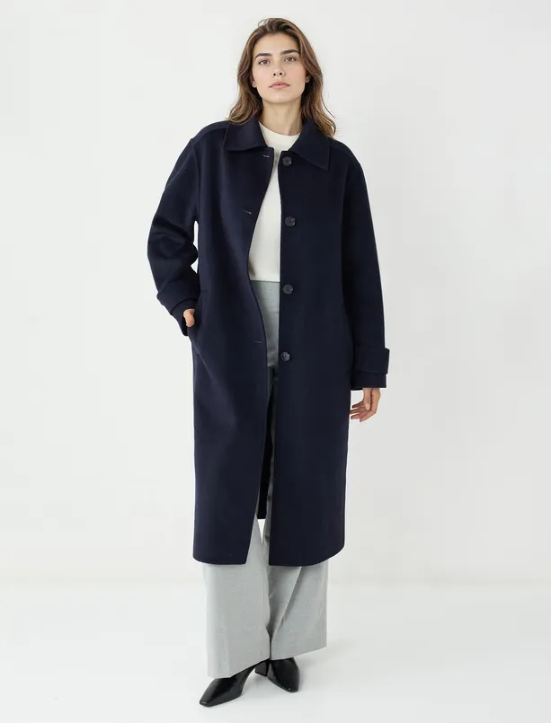 Bayan Lacivert Gömlek Yaka Yün Karışımlı Rahat Kesim Dokuma Kaban