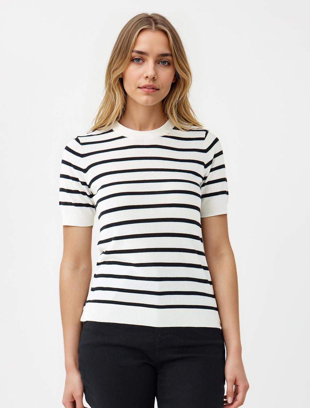 Yuvarlak Yaka Kısa Kollu Yün Karışımlı Triko Kazak