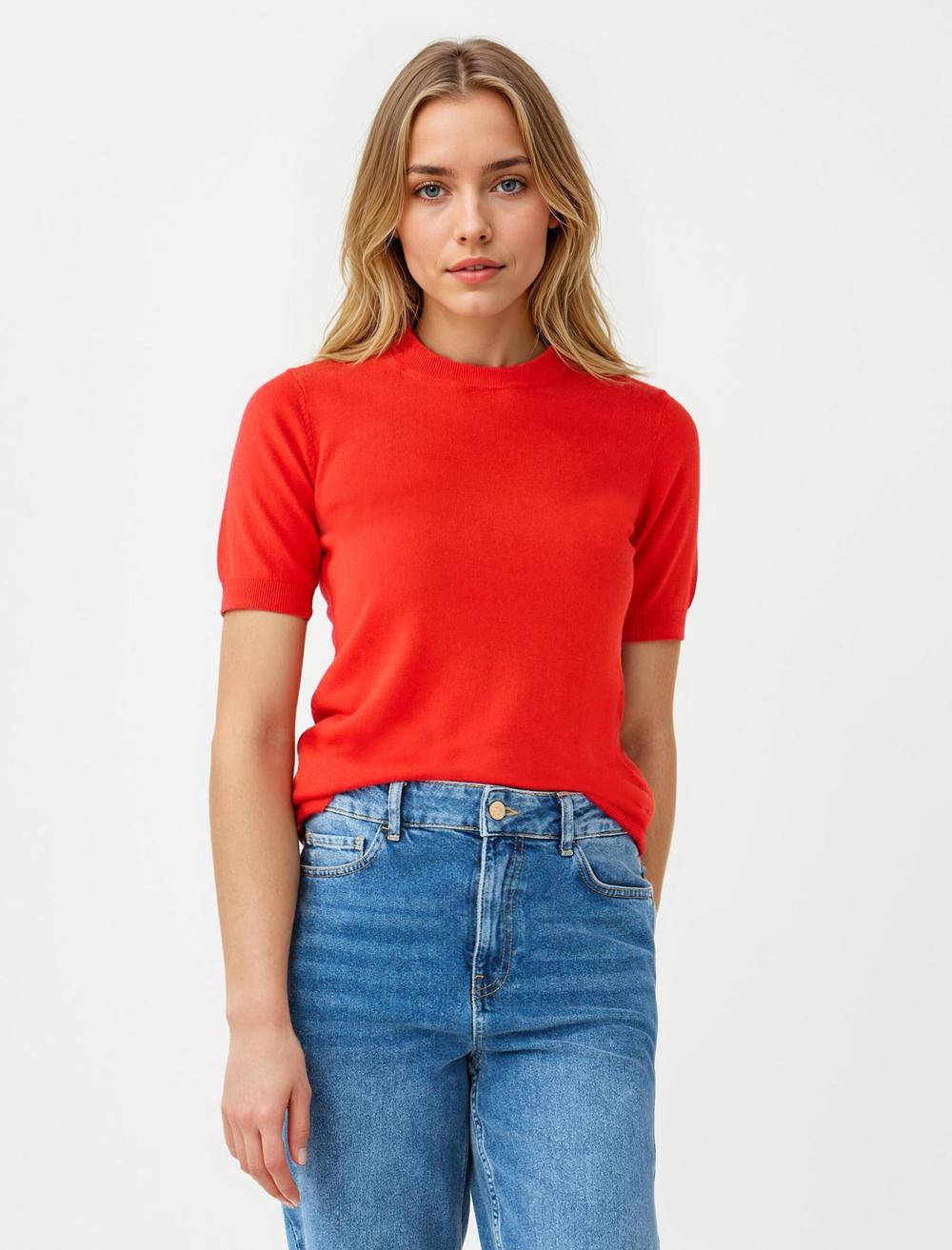 Yuvarlak Yaka Kısa Kollu Yün Karışımlı Triko Kazak