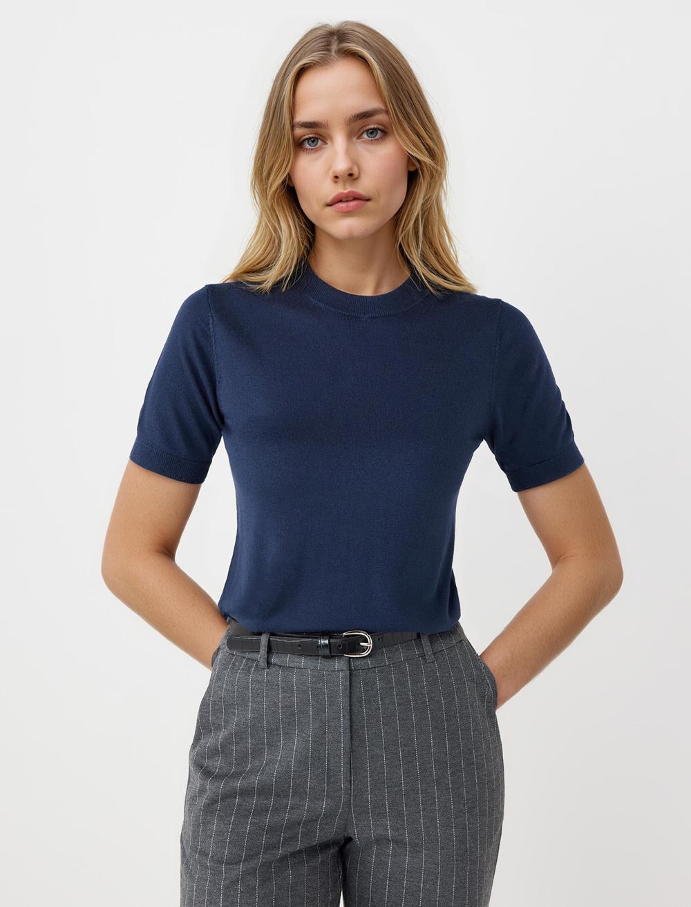 Yuvarlak Yaka Kısa Kollu Yün Karışımlı Triko Kazak