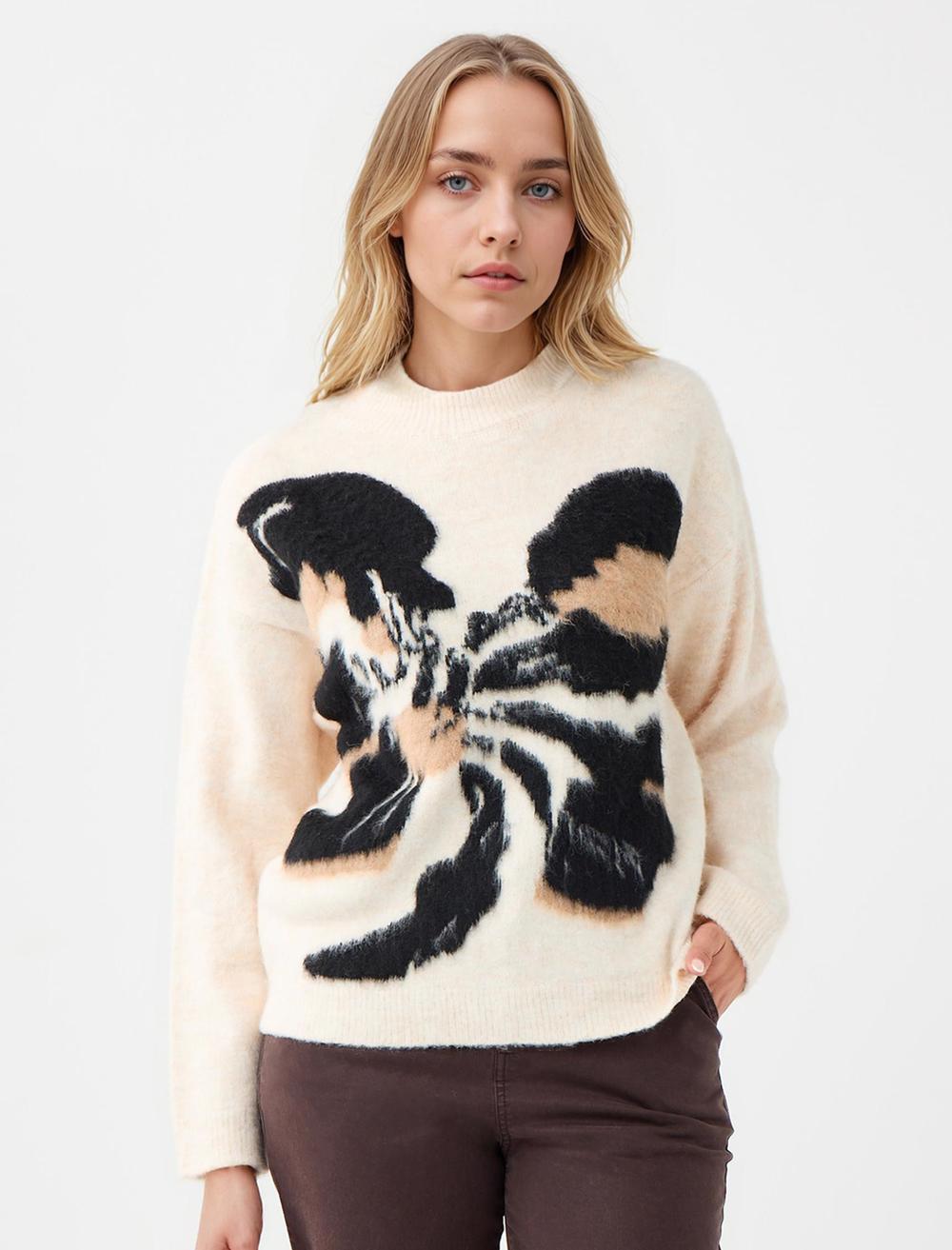 Yuvarlak Yaka Desenli Triko Kazak