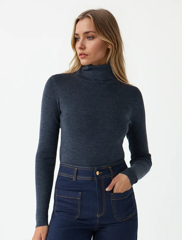 Bayan  Dar Kesim Balıkçı Yaka Yün Karışımlı Triko Kazak