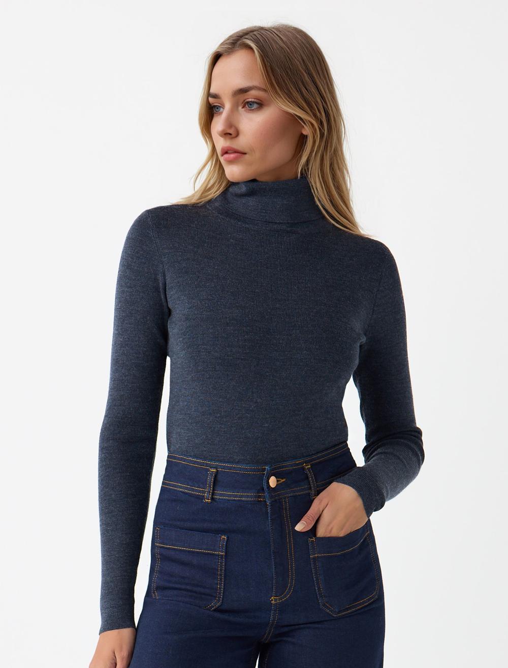 Dar Kesim Balıkçı Yaka Yün Karışımlı Triko Kazak