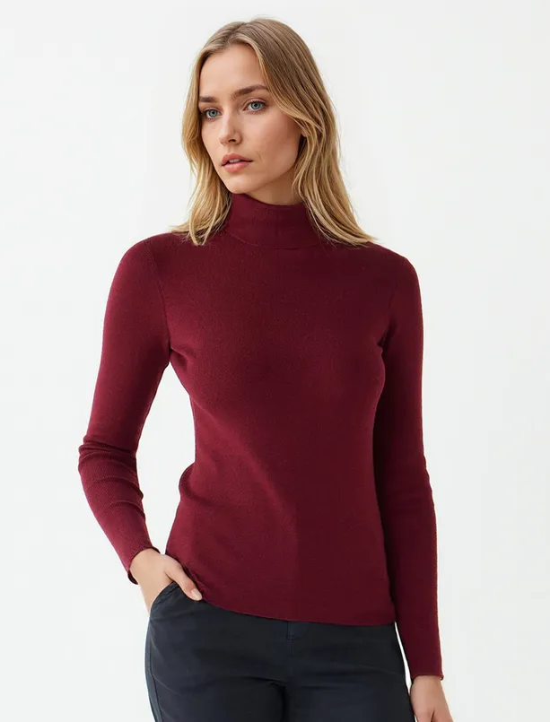 Bayan  Dar Kesim Balıkçı Yaka Yün Karışımlı Triko Kazak