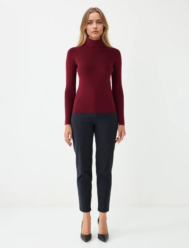 Bayan Bordo Dar Kesim Balıkçı Yaka Yün Karışımlı Triko Kazak