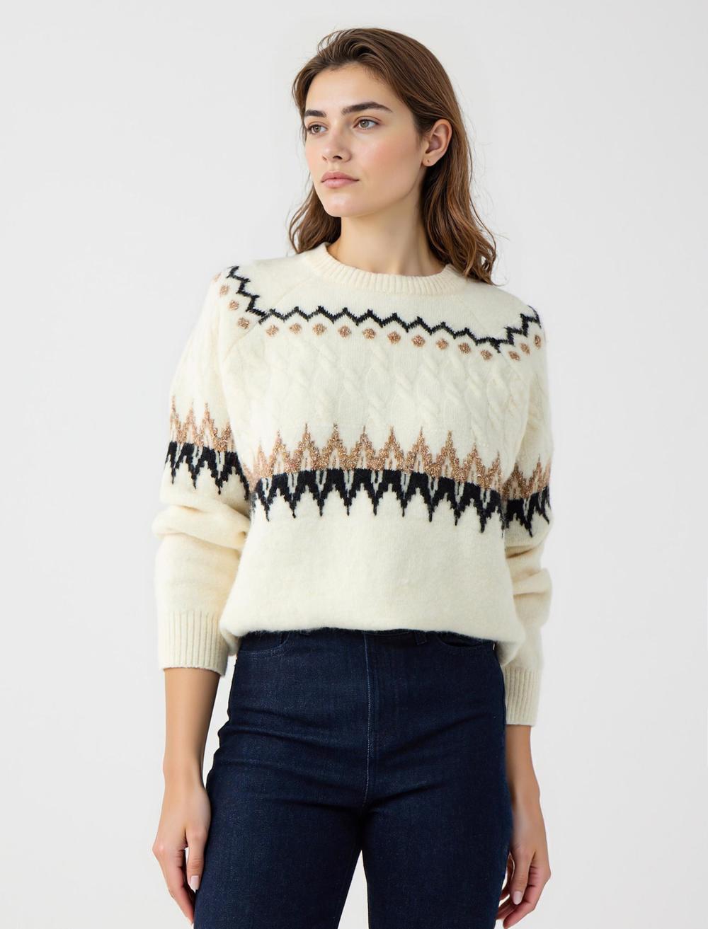 Bisiklet Yaka Uzun Kollu Triko Desenli Kazak