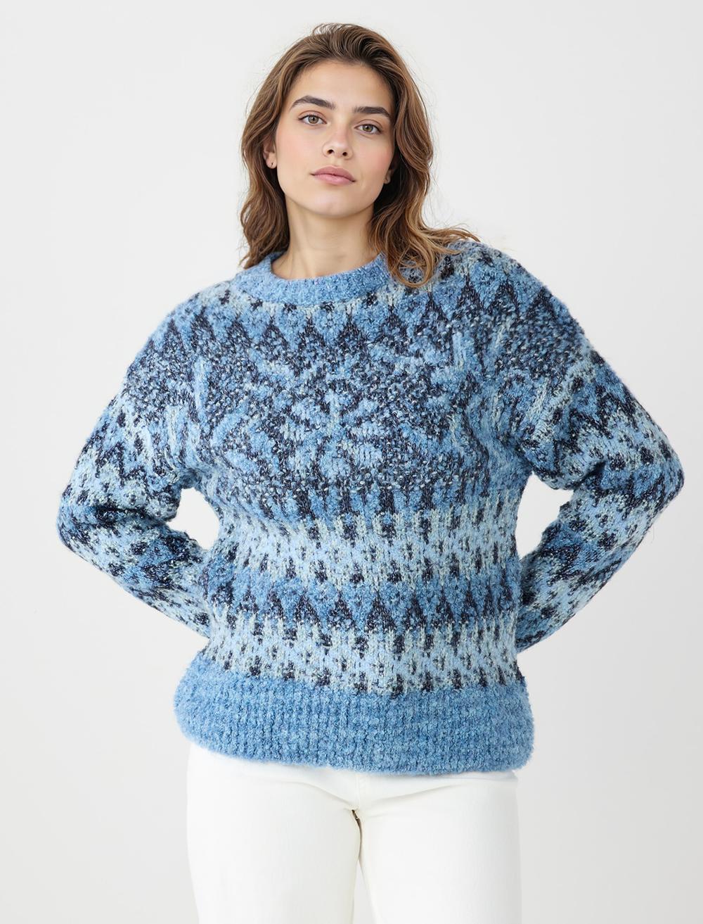 Bisiklet Yaka Kar Desenli Yün Karışımlı Triko Kazak