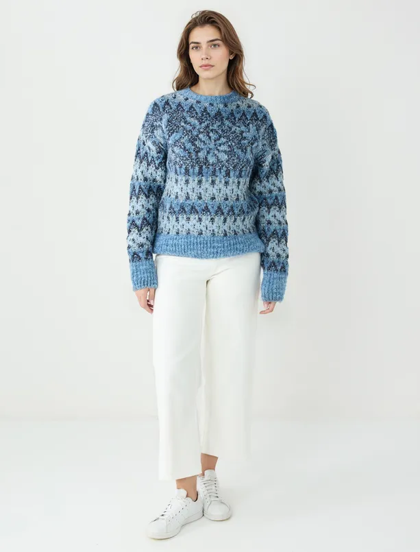Bayan Mavi Bisiklet Yaka Kar Desenli Yün Karışımlı Triko Kazak