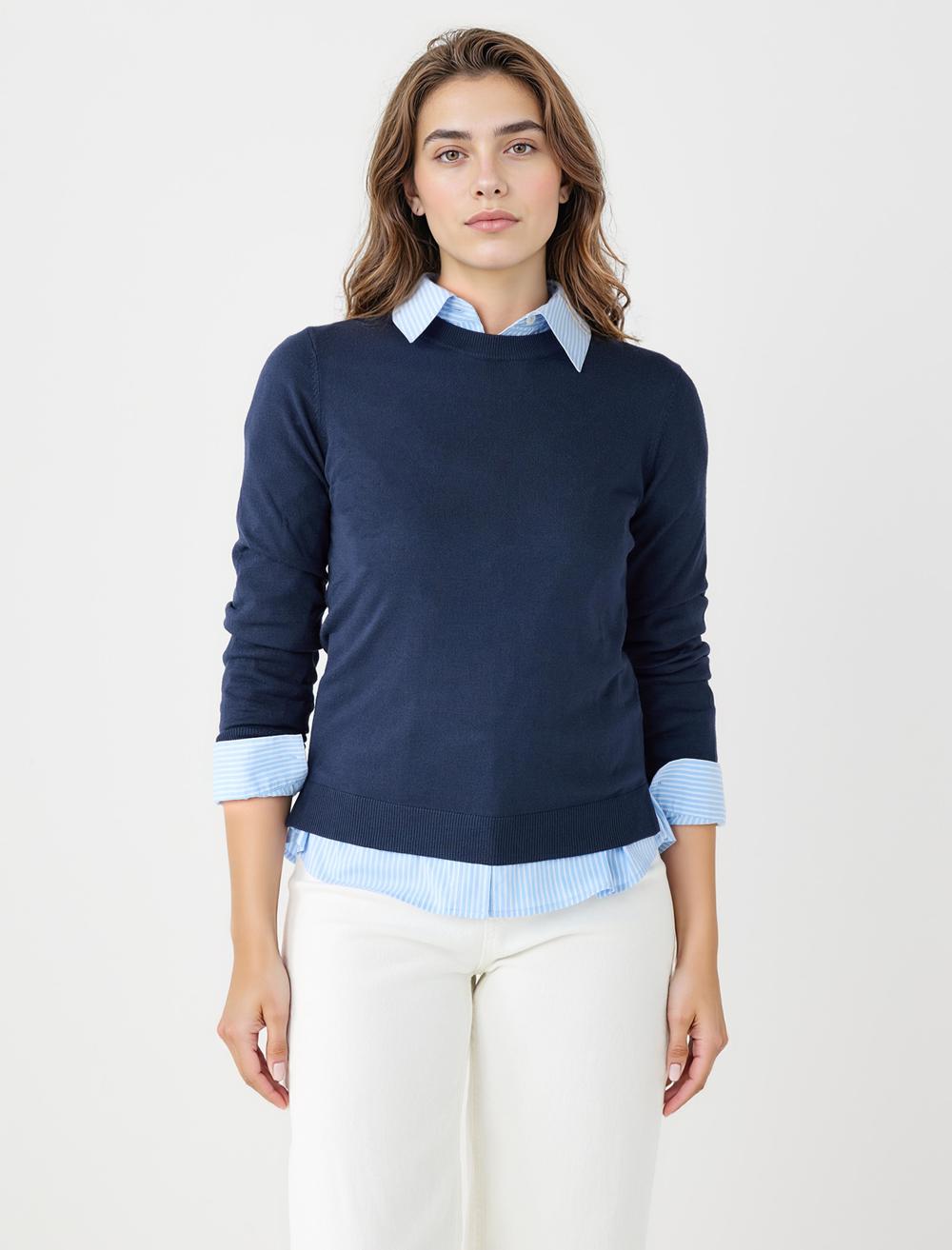 Bisiklet Yaka Uzun Kollu Yün Karışımlı Triko Kazak