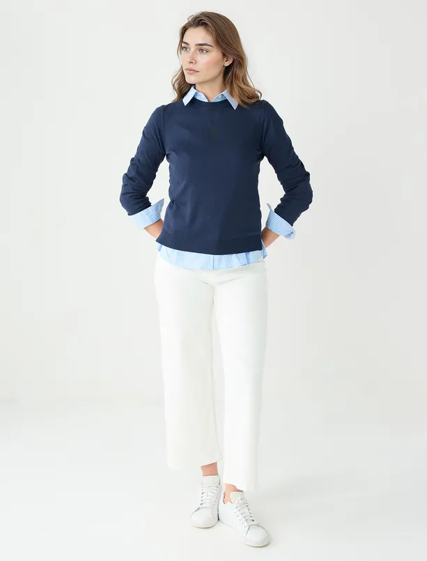 Women Dark Blue Crew Neck Long Sleeve Wool Blend Sweater Sweater