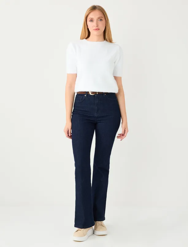 Bayan Ekru Kısa Kollu Yuvarlak Yaka Triko Kazak