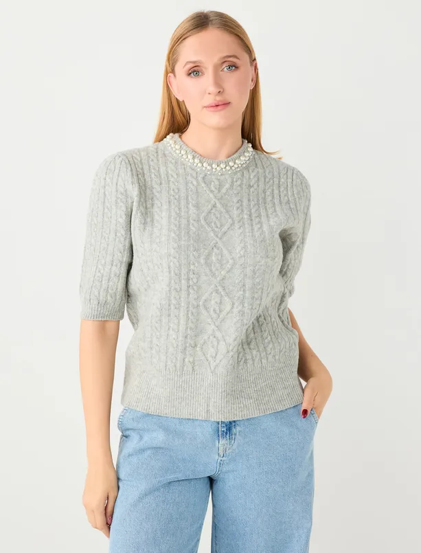 Bayan Gri Yuvarlak Yaka Dirsek Kol İnci İşlemeli Triko Kazak