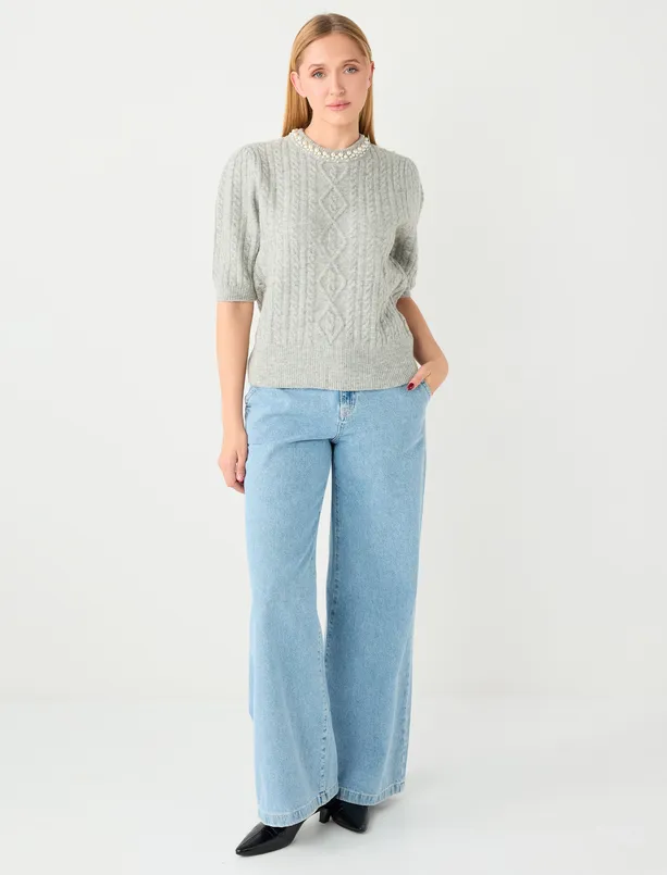 Bayan Gri Yuvarlak Yaka Dirsek Kol İnci İşlemeli Triko Kazak