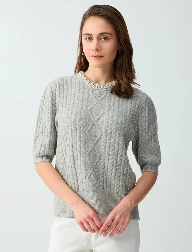 Women  Round Neck Elbow Sleeve Pearl Embroidered Sweater Sweater