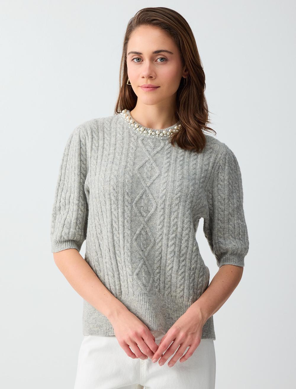 Yuvarlak Yaka Dirsek Kol İnci İşlemeli Triko Kazak