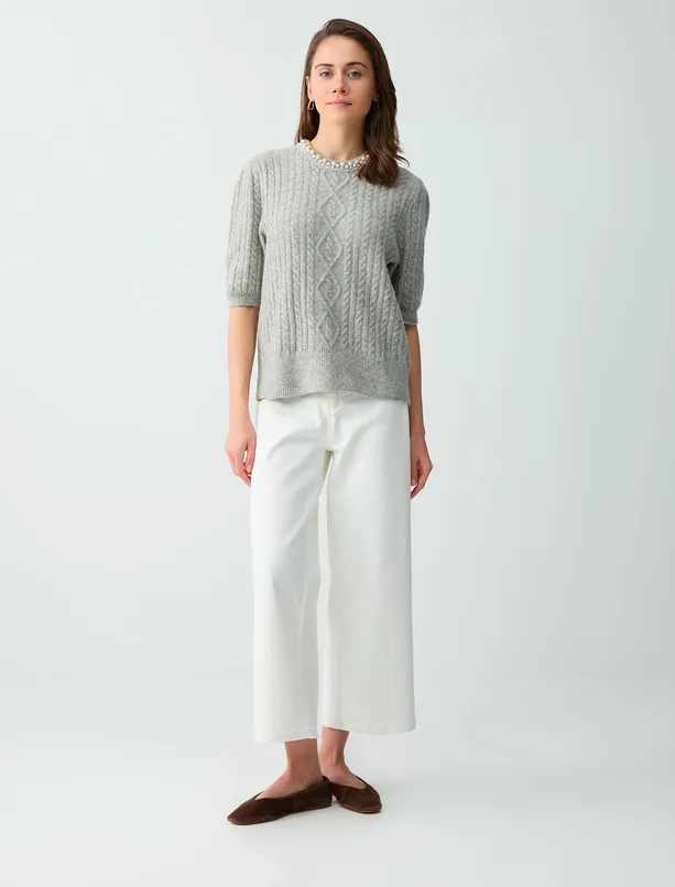 Bayan Gri Yuvarlak Yaka Dirsek Kol İnci İşlemeli Triko Kazak