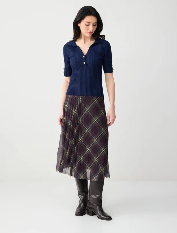 Bayan Lacivert Dar Kesim Kısa Kollu Gömlek Yaka Triko Kazak