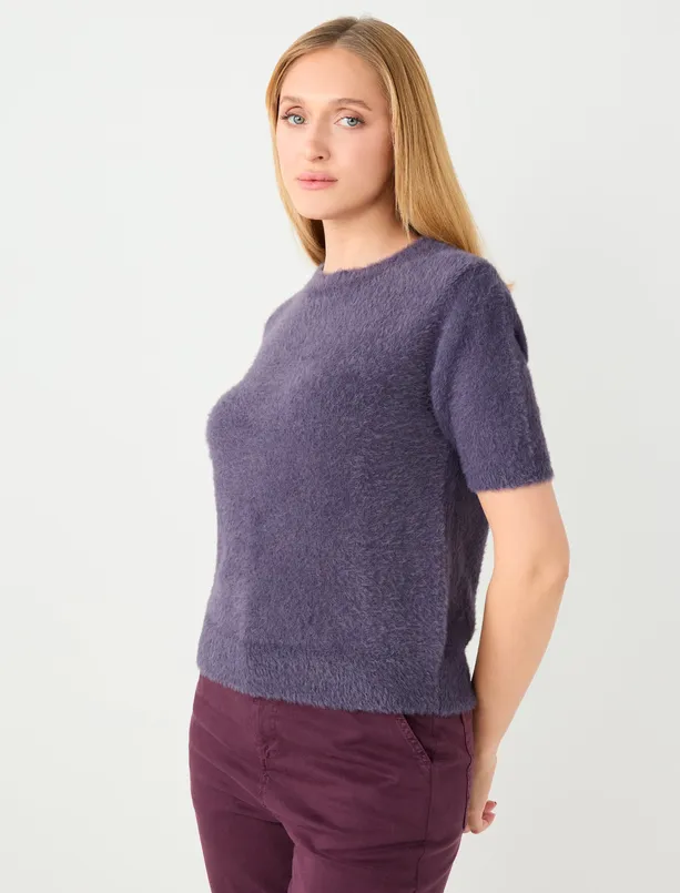 Bayan Mor Düz Kesim Bisiklet Yaka Kısa Kollu Triko Kazak
