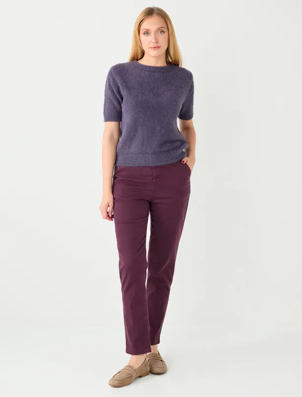 Bayan Mor Düz Kesim Bisiklet Yaka Kısa Kollu Triko Kazak