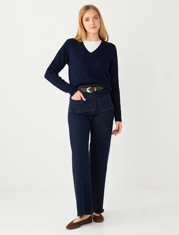 Women Dark Blue V-Neck Hair Braid Patterned Sweater Sweater