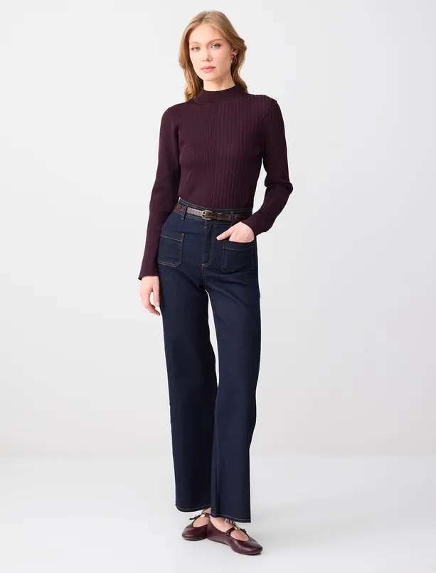 Bayan Mor Dar Kesim Balıkçı Yaka Triko Kazak