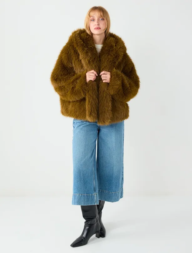 Women Brown Plush Fur with Hood Detail