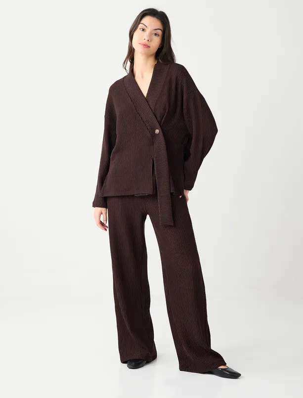 Bayan  Yüksek Bel Bol Paça Desenli Çizgili Örme Pantolon