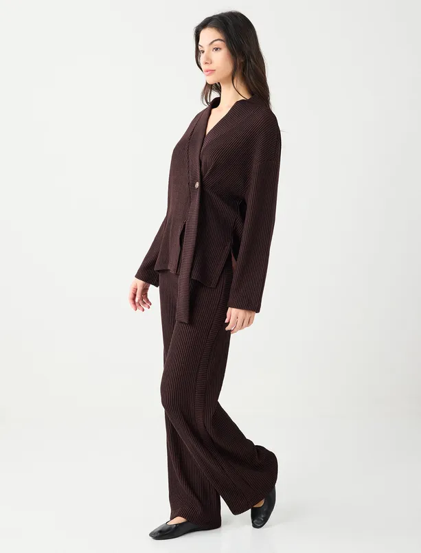 Bayan Kahverengi Yüksek Bel Bol Paça Desenli Çizgili Örme Pantolon