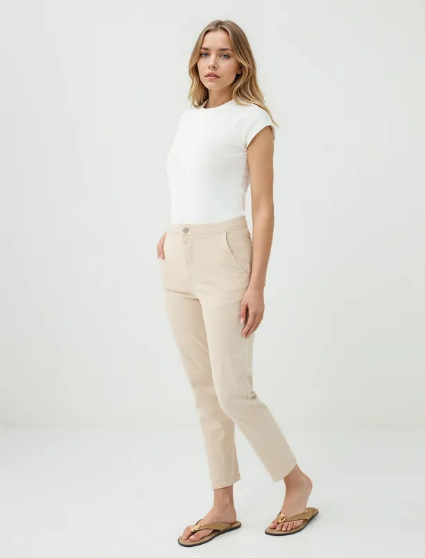 Women Beige Regular Waist Regular Leg Gabardine Pants