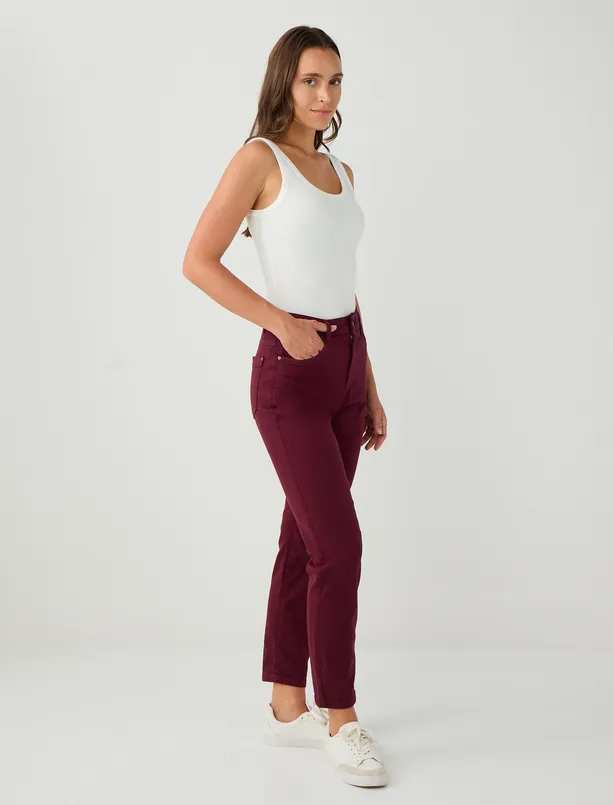 Women Claret Red High Waist Regular Leg Woven Pants