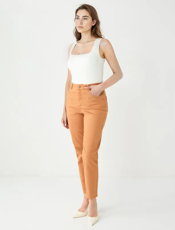 Bayan Kahverengi Yüksek Bel Normal Paça Dokuma Pantolon