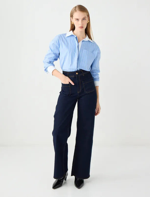 Bayan  Bol Paça Yüksek Bel Denim Pantolon