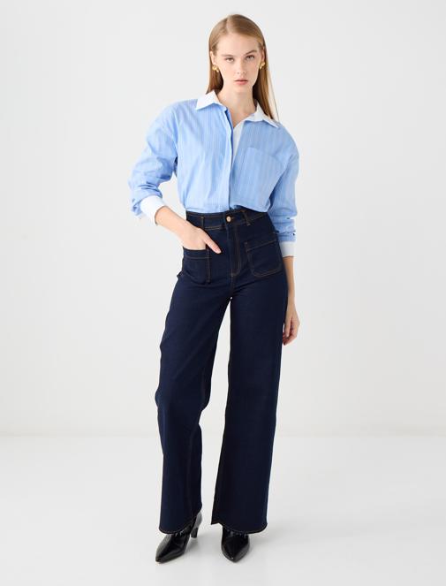 Bol Paça Yüksek Bel Denim Pantolon Kombini