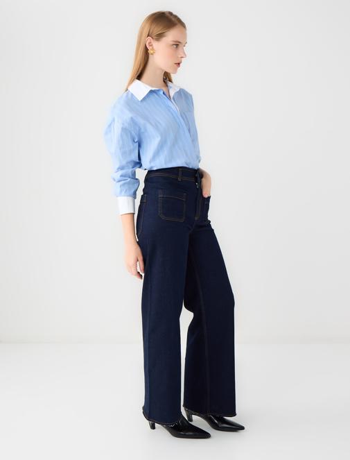 Bol Paça Yüksek Bel Denim Pantolon Kombini