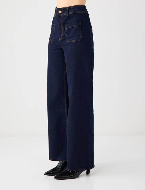 Bol Paça Yüksek Bel Denim Pantolon Kombini